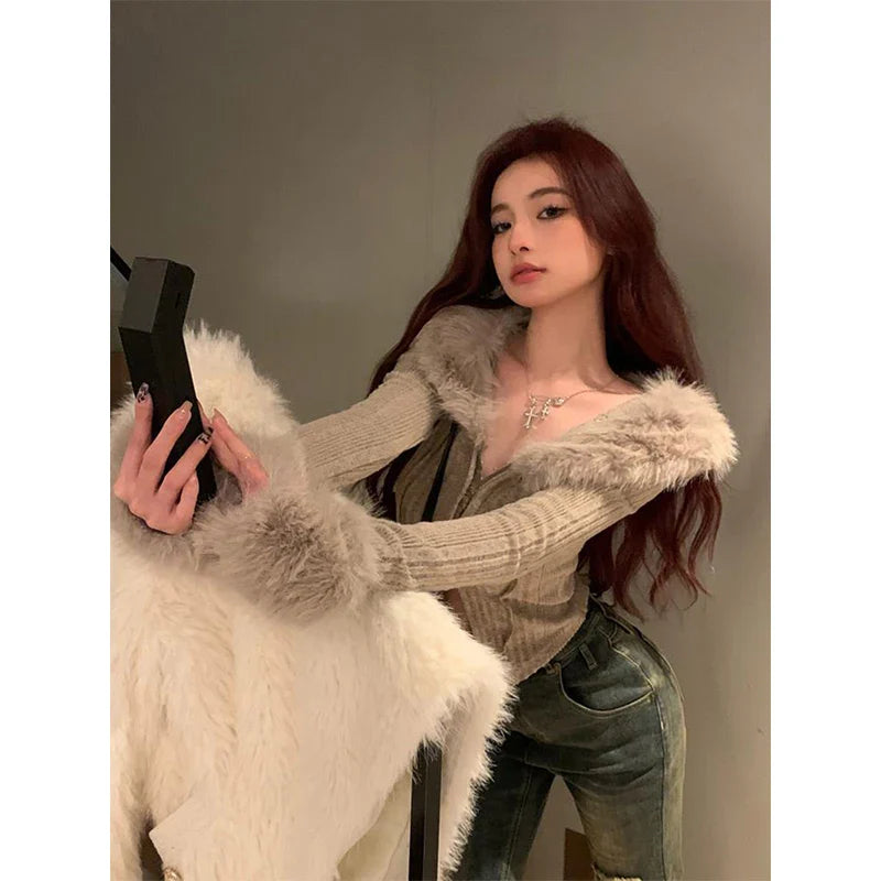 Y2K Cropped Knitted Cardigan Women Faux Fur Patchwork Sweater Jacket Streetwear Sexy V Neck Jumper Korean Bodycon Knitwear