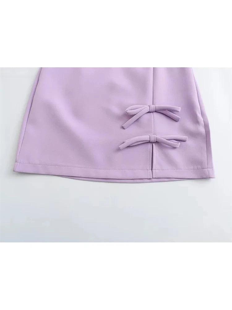 maoxiangshop - Cute Bow Knotted Spring Purple Mini Skirts 2024 Summer High Waist Casual Side Zipper Fly Straight Short Skirt
