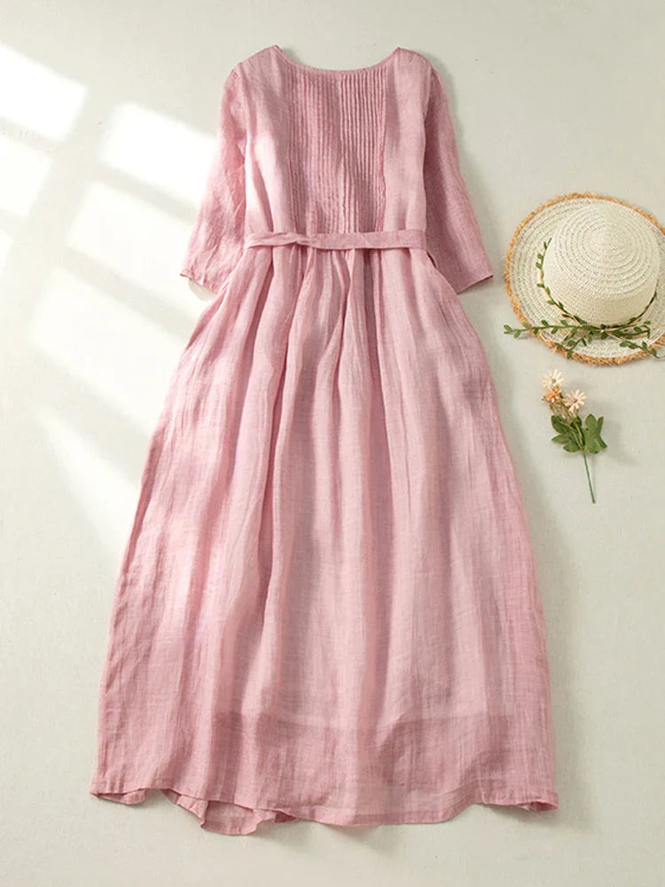 maoxiangshop Japan Style Double Layers Women Dresses Chic Organ Pleats Short Sleeve O-Neck Cotton Blended Office Lady Midi Dresses Robe Femme