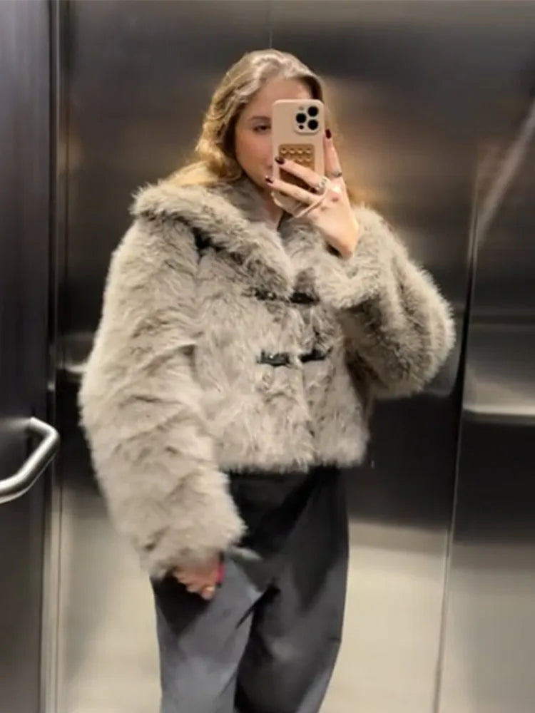 maoxiangshop - Vintage Faux Fur Button Coats Women Winter Loose Solid Plush Lapel Cost Female Autumn Warm Versatile High Street Outwear