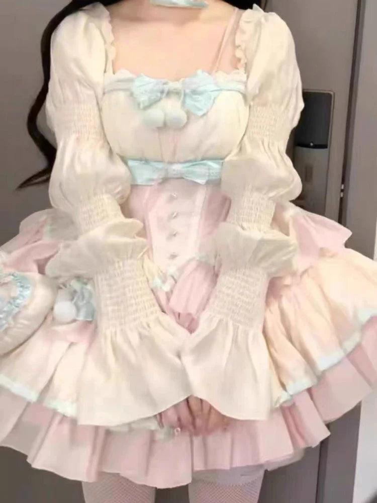 maoxiangshop - Autumn Lolita Kawaii Bow Dress Women Japanese Sweet Princess Dress Female Korean Fashion Print Cute Party Mini Dress 2024 New