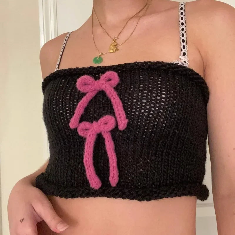 maoxiangshop - Y2K Cute Bow Knitted Crop Tops E-girl Kawaii Slim Fit Vest Fairycore Vintage Chic Women Backless Camis 00s Retro Streetwear