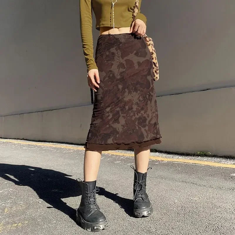 maoxiangshop - Harajuku Vintage Long Skirts Women Floral Print Gothic Retro Skirts Grunge Aesthetic Streetwear Punk A Line Midi Skirt