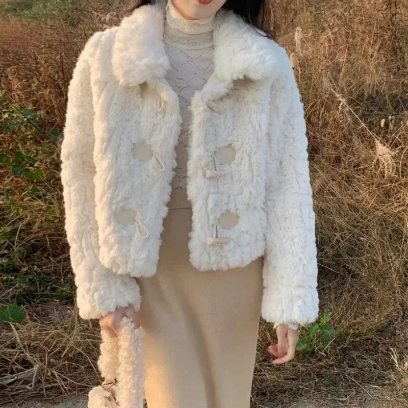 Korean Patchwork Lamb Wool Outerwear Women Autumn Winter Gentle Wind Horn Buckle Faux Fur Jacket Female Plush Loose Tops