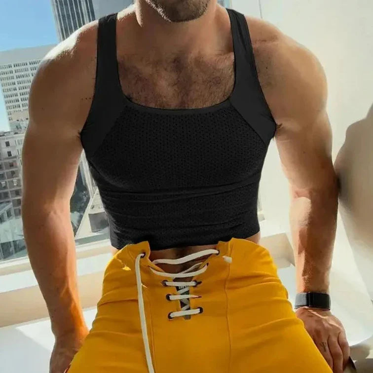 maoxiangshop 2024 Men Tank Tops Patchwork O-neck Sleeveless Skinny Male Vests Streetwear Hollow Out Summer Fashion Men Clothing S-5XL