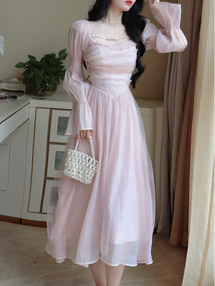 maoxiangshop Elegant Evening Party Midi Dress Women Bubble Sleeve French Vintage Sweet Dress Female Pink Korean Style Fairy Dress Autumn