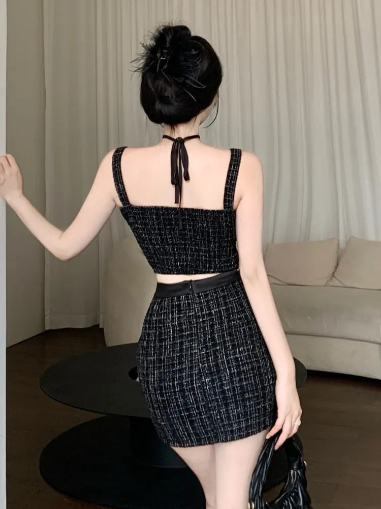 maoxiangshopHigh Street Small Fragrance Tweed Two Piece Set For Women Vest Tops + Bodycon Skirt Suits Summer HotSweet Sexy 2 Piece Outfits
