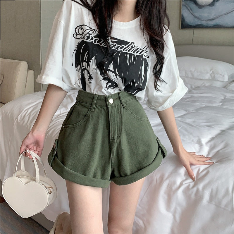 maoxiangshop Shorts Women Loose All-match Retro Green Fashion Empire Ladies Ulzzang Mujer Trouser Summer Solid Simple Student Prevalent New