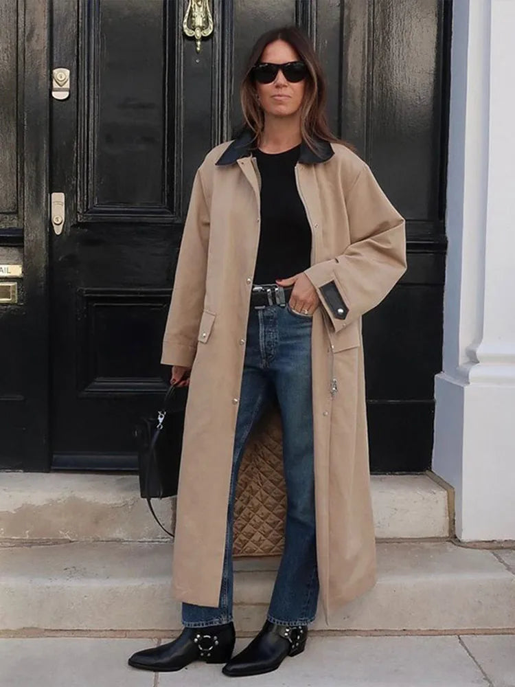 maoxiangshop - Elegant Patchwork Contrast Women Coat Loose Full Sleeve Zipper Button Pocket Maxi Coats Female 2024 Autumn Winter Lady Outwear