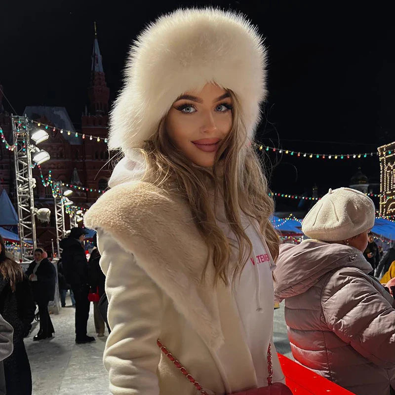 maoxiangshop - 2024 Winter Women Fluffy Furry Faux Fox Fur Bomber Hats Flaps Luxury Vintage Y2k Girls Warm Earflap Snow Ski Hat Caps Russian
