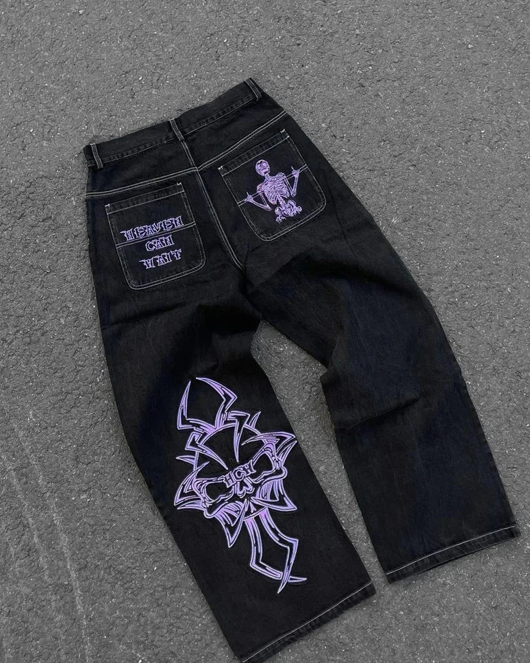 Jeans New Y2K Women Harajuku Retro Hip Hop Cartoon Embroidery Baggy Jeans Black Pants High Waisted Wide Trousers Streetwear