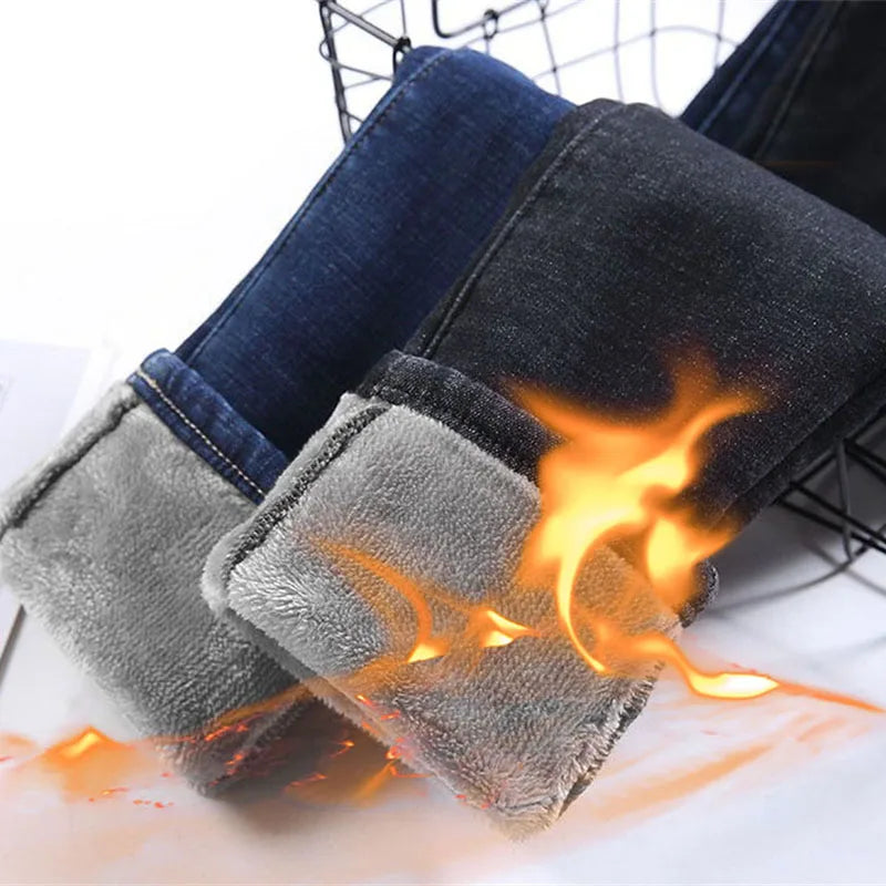 maoxiangshop Oversized Slim Velvet Lined Jeans Pencil Pants Winter Women Plush Stretch Vaqueros Trousers Mid Waist Thicken Warm Denim Spodnie