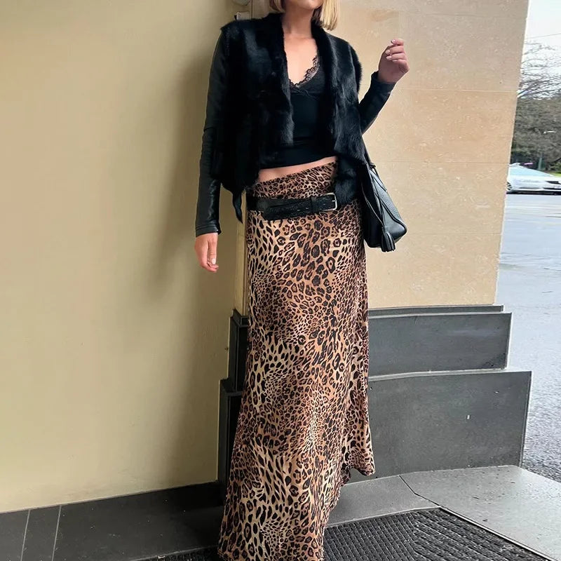 maoxiangshop - Women's Leopard Print Skirt Fashion Print Slim Loose Casual Skirt Autumn Streetwear High Waist Retro Long Skirt Outfits