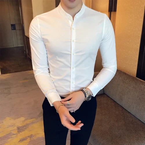 maoxiangshop Men Slim Fit Shirt Autumn Cotton Solid Stand Collar Casual Business Long-sleeved Shirts Male Fashion Camisas Men Clothing
