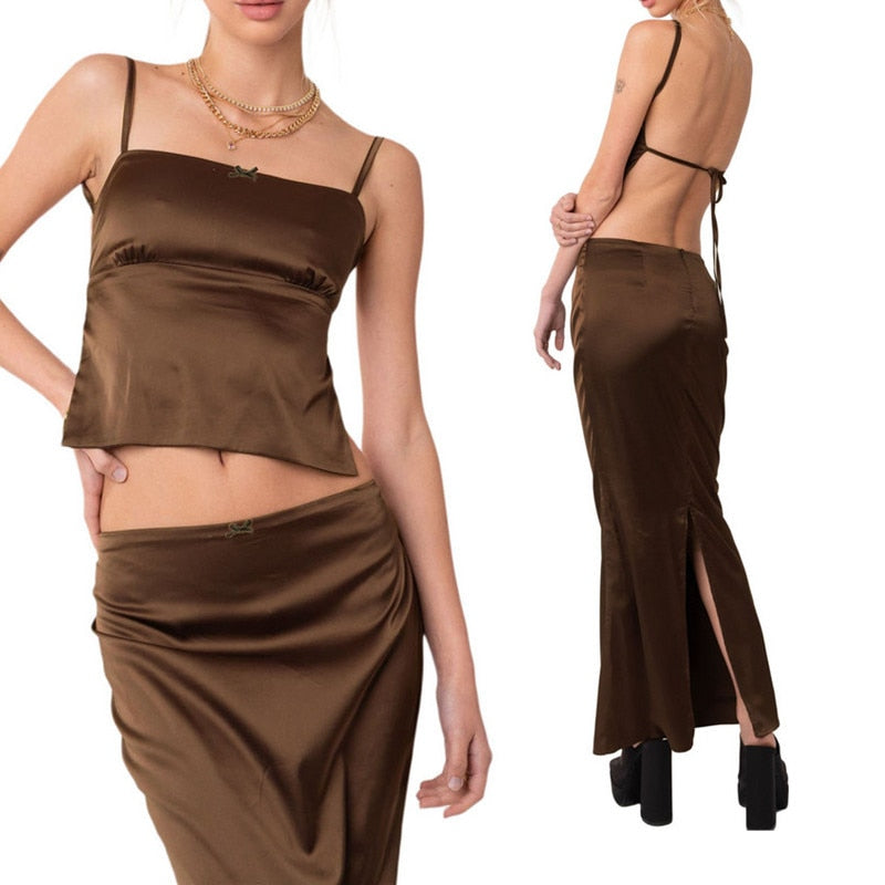 maoxiangshopTwo Piece Skirt Set Women's Suit y2k Clothes Summer Sexy Outfit Cropped Top and Split Skirt Chic Elegant Female Clothing