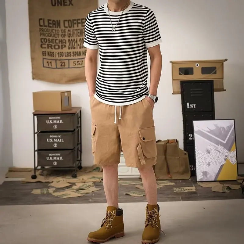 maoxiangshop Striped T-shirts Men Panelled Leisure American Style High Street Cozy Daily Versatile Hipster Classic Outdoor Summer Breathable