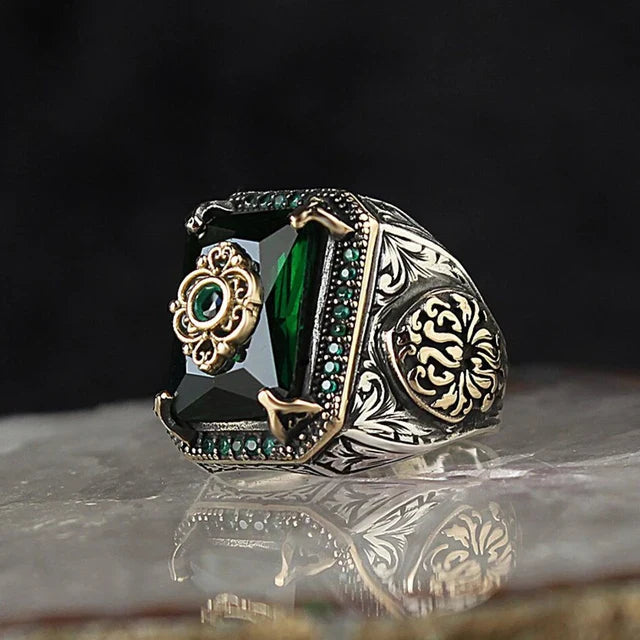 maoxiangshop Retro Handmade Turkish Signet Rings for Men Ancient Silver Color Carved Ring Mystic Zircon Inlay New Punk Motor Biker Ring