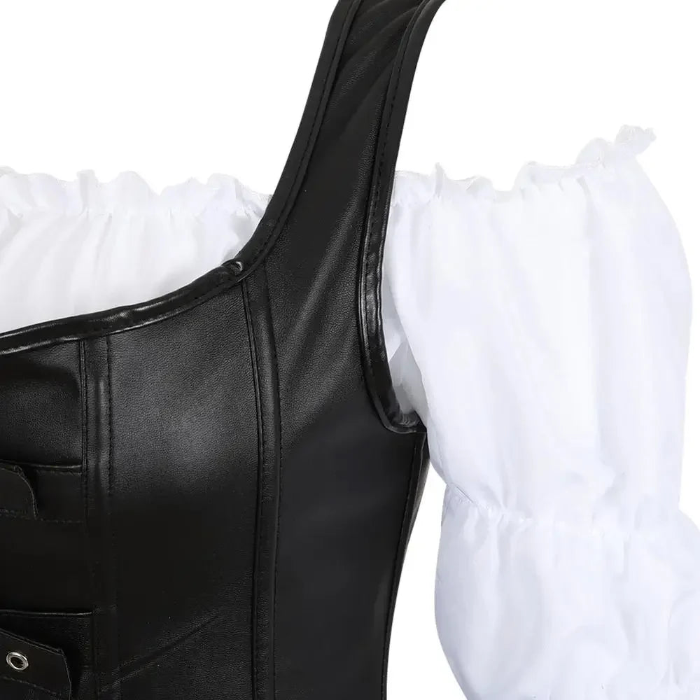 maoxiangshop - Leather Pirate Corset Steampunk Vintage Corsets Zip Bustier Sexy Skirt White Blouse Set Gothic Carnival Costumes