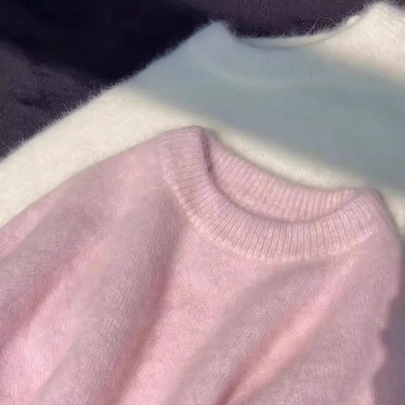 maoxiangshop - Pink Soft Knitted Sweater Women 2024 Autumn Winter New Loose Long Sleeved Top Solid Color Simple O Neck Pullover Coat Knitwear