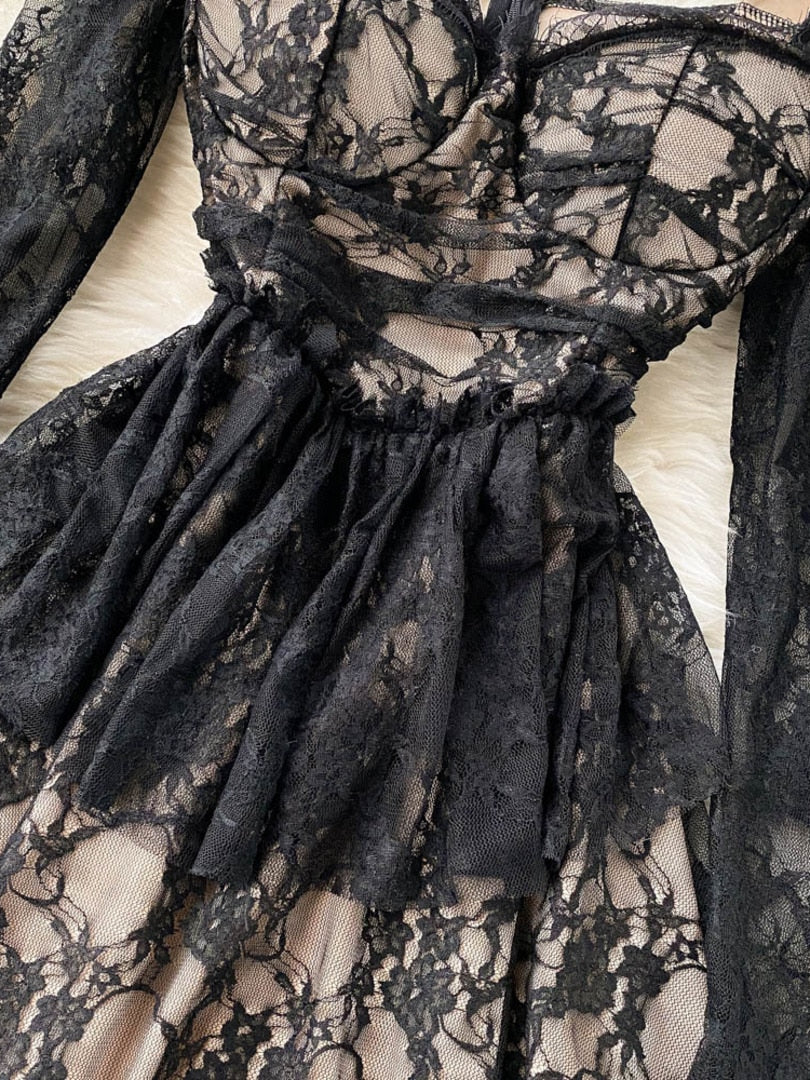 maoxiangshop Elegant Black Lace Dress Women Sexy Hollow Out Mini Party Dress Square Collar Full Sleeve Slim Waist A-line Clubwear Robe Femme
