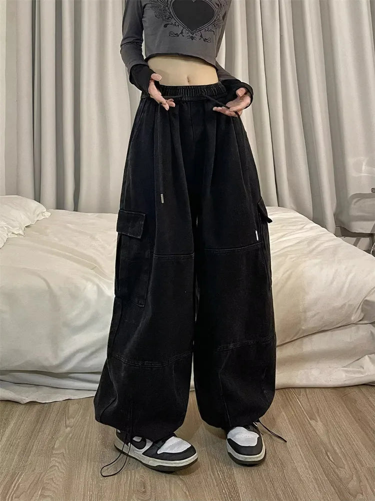Korean Y2K Fashion Drawstring Casual Baggy Cargo Jeans Pants Women Clothing Straight Wide Leg Sweatpants Female Trousers