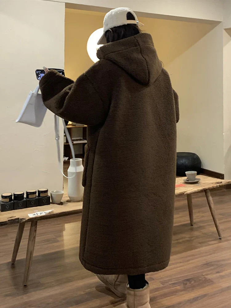 maoxiangshop - Casual Fluffy Lamb Wool Long Coats Women Warm Loose Horn Button Pockets Solid Coat Female Winter Elegant Chic Streetwear