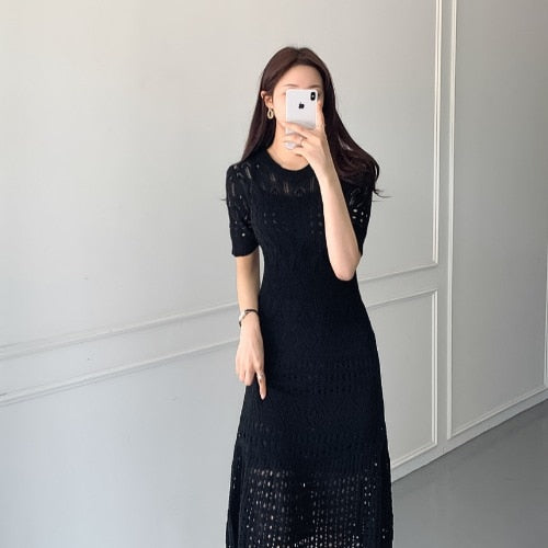 maoxiangshop Casual Chic Korean Temperament Slim Sexy Hollow Out Dresses O Neck Short Sleeve Wrap Hip Knitted Dress White Lady Summer