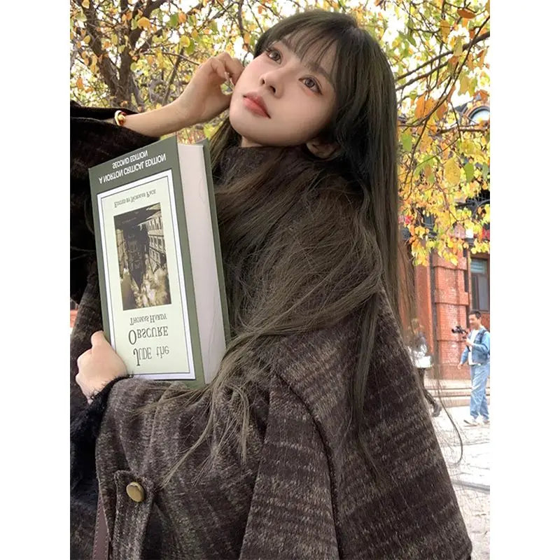 maoxiangshop - Autumn/Winter New Retro Plaid Cloak Shawl Woolen Coat Women Winter Clothes Korean Style Chic Loose Wool Outerwear Women Top