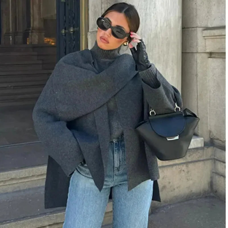 maoxiangshop - Fashion Asymmetric Scarf Knitted Jacket Women O Neck Single Button Side Slit Solid Loose Coat Winter New Female Chic Outerwear