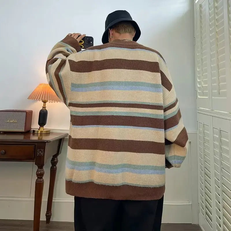 maoxiangshop Vintage Cardigan Men Autumn Striped Harajuku Baggy Streetwear Cozy Contrast Color Daily Japanese Style Versatile Couple Tender