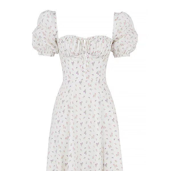 maoxiangshop Sweet Floral Print Holiday Party Long Dress Women Sexy Neck Puff Sleeve Hem Slits Elegant Ladies Dress Summer Robe