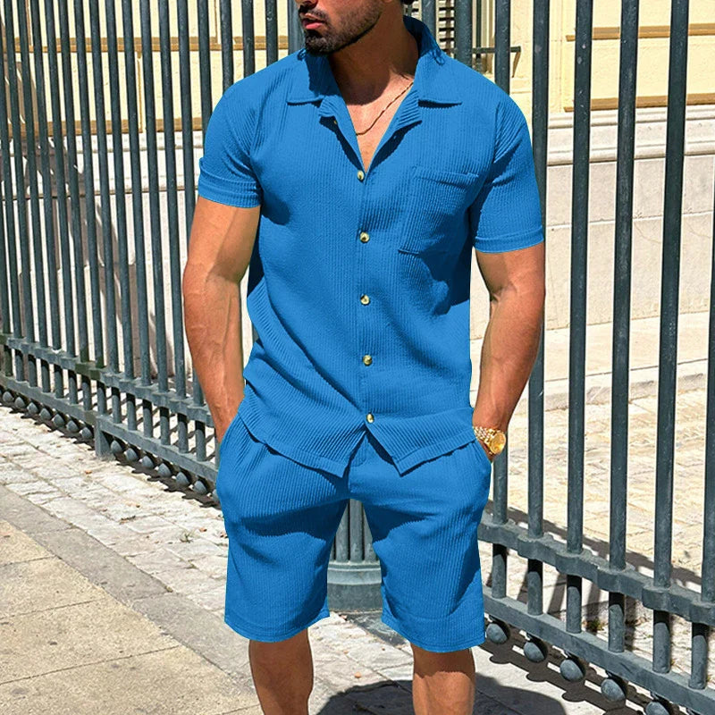maoxiangshop Solid Color Texture Shirts And Shorts Mens Two Piece Sets Summer Casual Short Sleeve Buttoned Lapel Shirt Outfits Men Streetwear