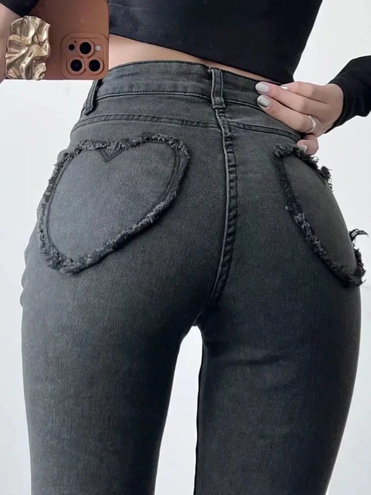 maoxiangshop - Fashion Denim Packets Jeans Women High Waist Flare Pants Streetwear Trousers Pants Jeans Ladies Autumn Bottoms Blue