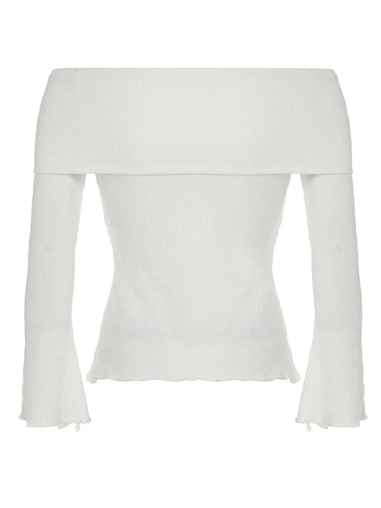 maoxiangshop - Off Shoulder Bows Tie Slit Top Women Flared Long Sleeved Solid Slim Versatile T-shirt Spicy Girl Autumn/Winter Streetwear