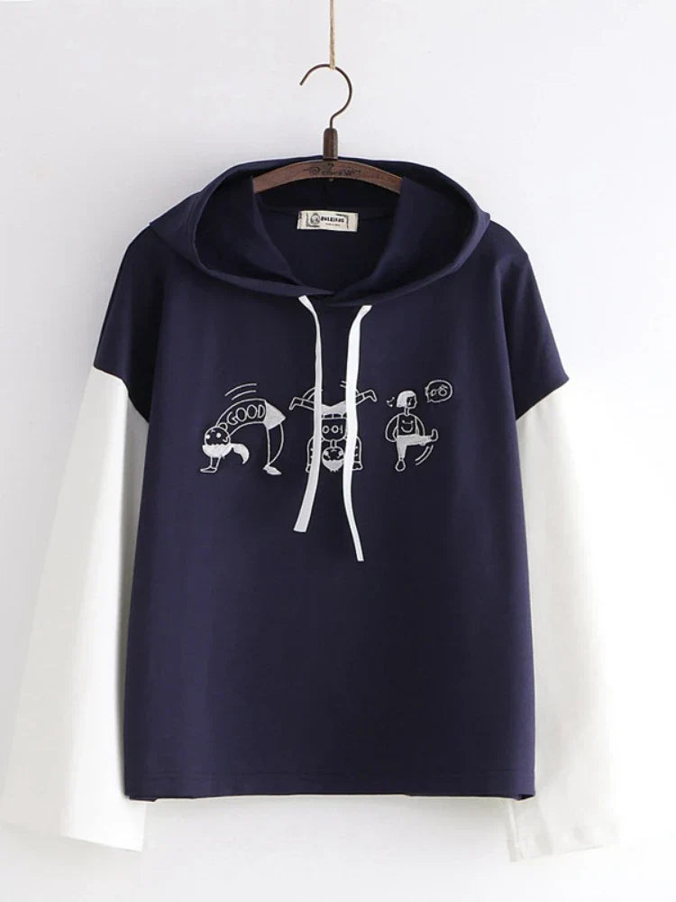 maoxiangshop Harakuju Graphic Casual Cotton Hooded Sweatshirt For Women Summer Patchwork Hoodies Female Drawstring Pullover Top