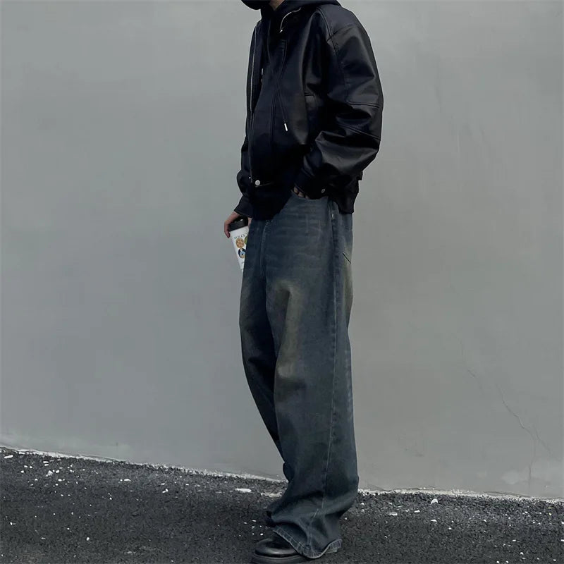 maoxiangshop Vintage Men's Wide Leg Trousers Jeans Straight Loose Mopping Pants High Street Male Casual Simple Daily Distressed Denim