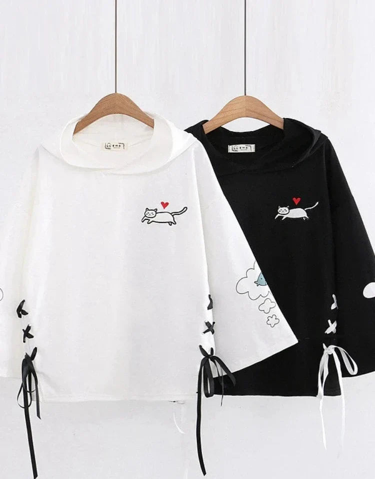 maoxiangshop Women Black Cartoon Cat Embroidery Hooded Sweatshirt Lace Up Korean Hoodies Summer Harakuju Casual Cute