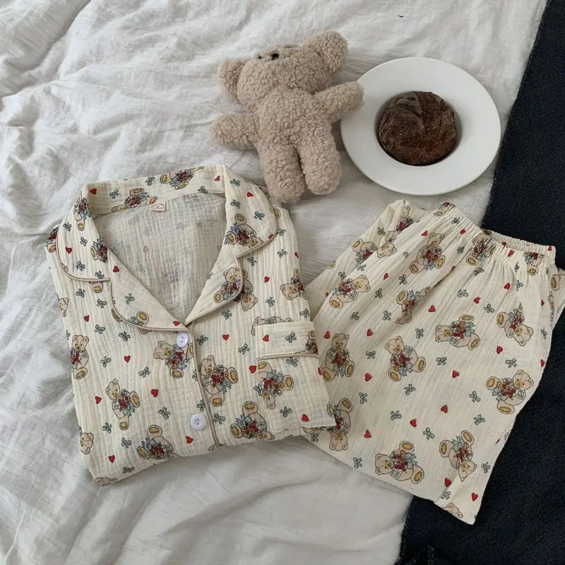 maoxiangshop - Cotton Double-layer Gauze Pajamas For Women's Fashion Cute Carrot Print Long Sleeve Tops + Pant Home Clothing Two-piece Set