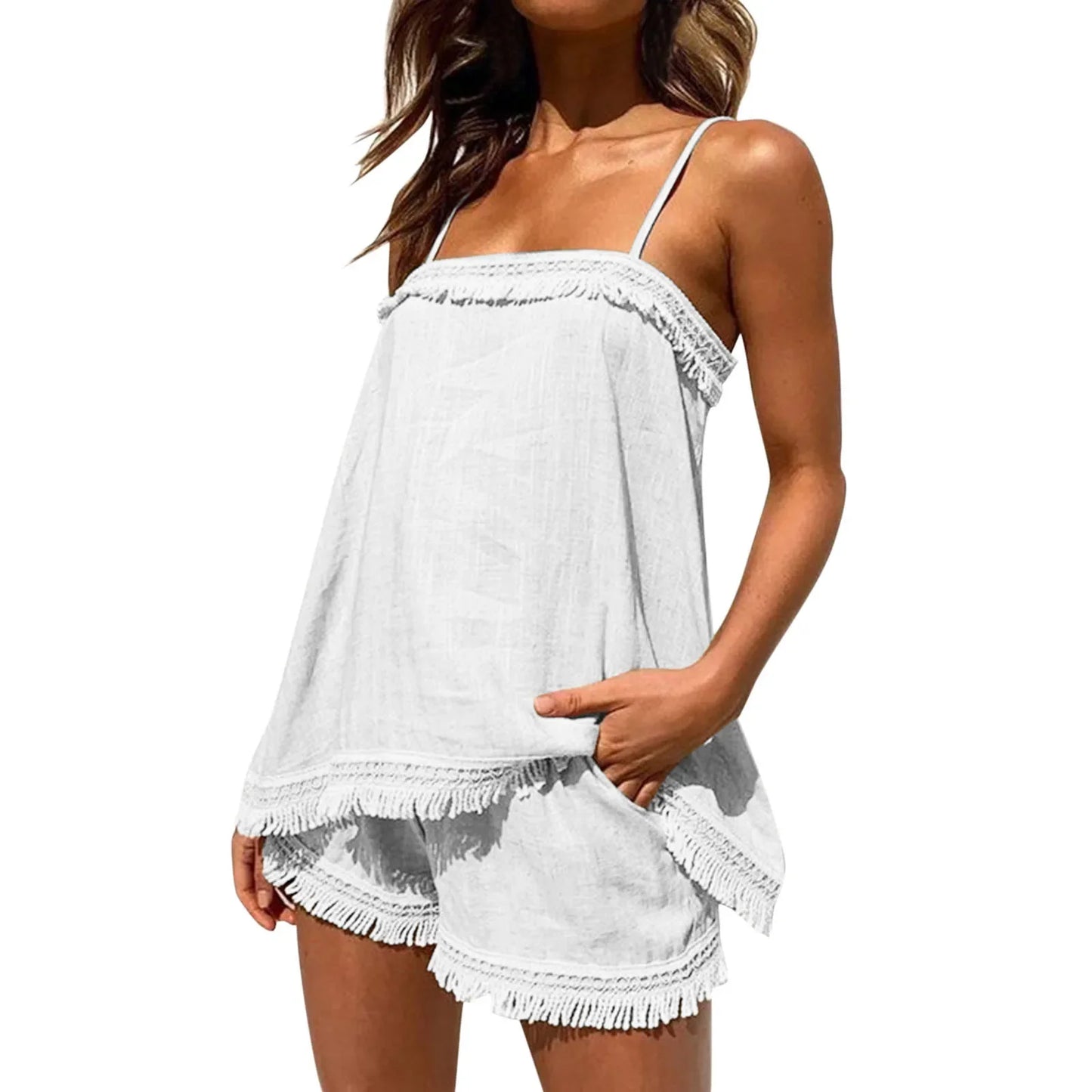 maoxiangshop Summer 2 Piece Set Outfits Women Sexy Solid Color Boho Sling Tassel Shorts Sets Ladies Halter Fringe Top Beach Outfits Femme