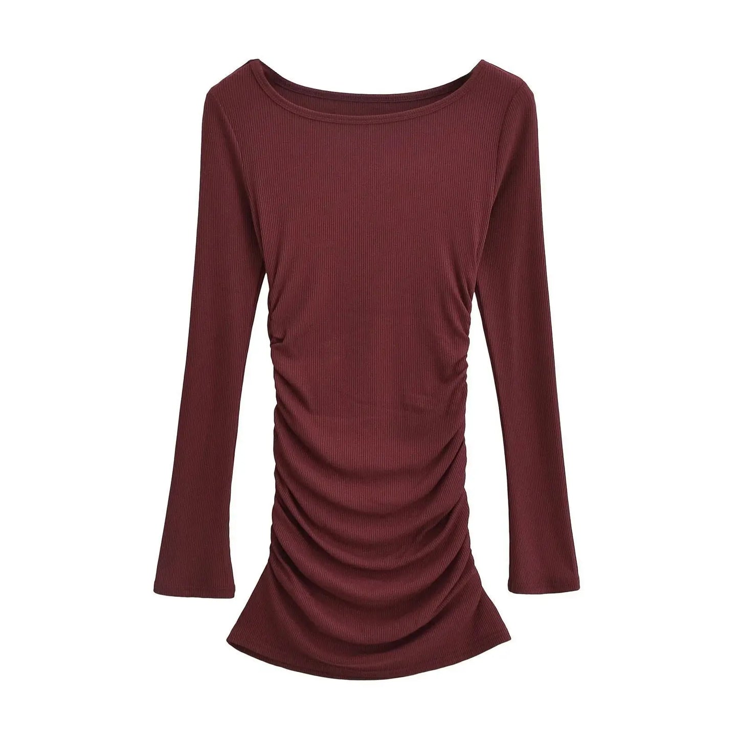 maoxiangshop - Autumn/winter New Round Neck Long Sleeve Dress Women Cinching Waist Wrap Hip Solid Slim Pleated Knitted Short Dress