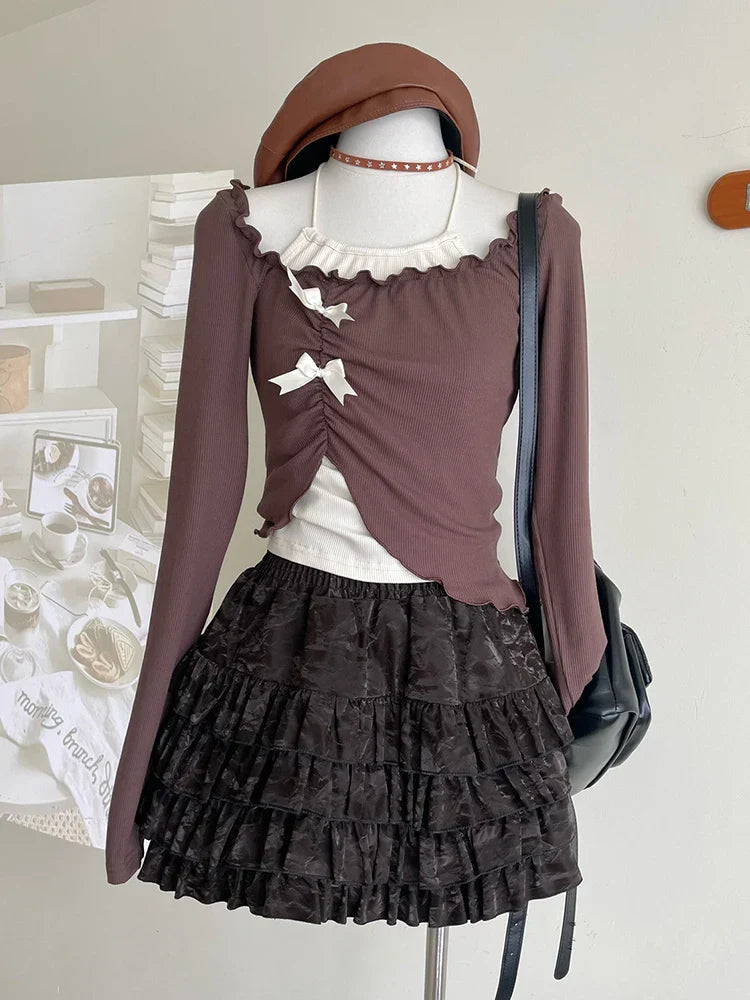 maoxiangshop2 Autumn Women Two Pieces Set Halter Top Korean Fashion Gyaru Long Sleeve Crop Tops T-Shirts Y2k Streetwear Tees Coquette Girl New