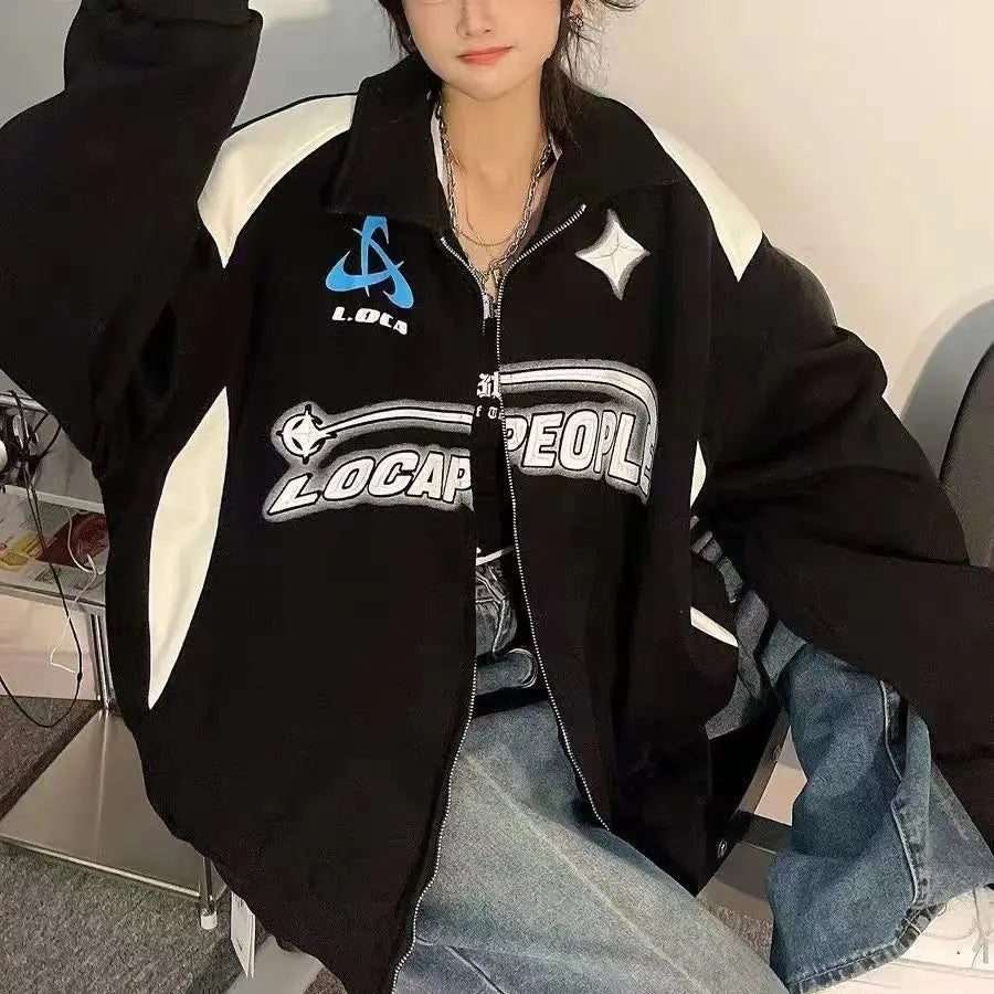 maoxiangshopY2K Women Oversized Sweatshirts Vintage Autumn Letter Print Zipper Jacket Caots Korean Streetwear Trend Female Hoodies Tops