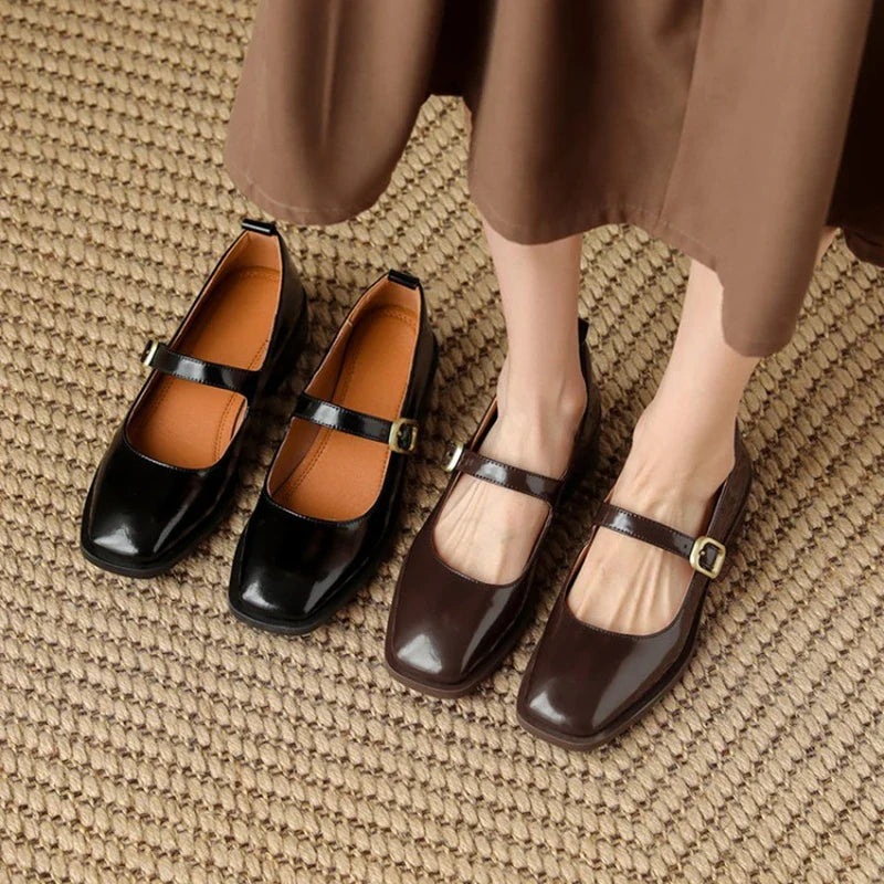 maoxiangshop - Spring/Autumn Women Shoes Square Toe Chunky Heel Shoes Patent Leather Mary Janes Low Heel Solid Pumps Women Concise Black Shoes