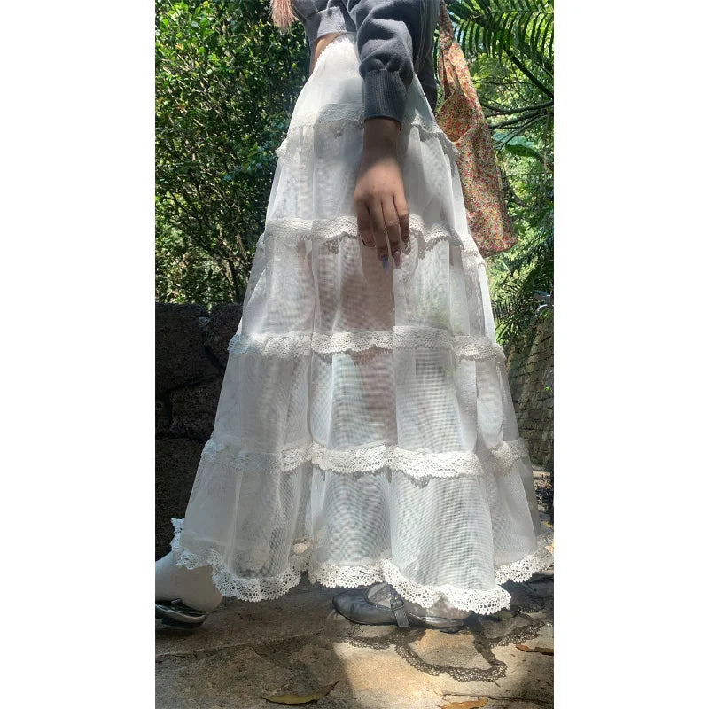 maoxiangshop Maxi Long Tulle White Mesh Skirts for Women Gothic Pleated Skirt Casual Fairycore Summer Jupe Longue Falda Mujer