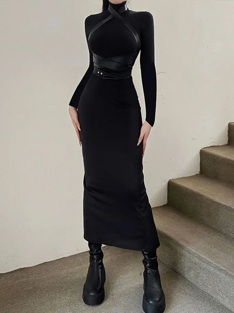 maoxiangshop Black Maxi Dress Women Sexy Punk Style Split Bandage Bodycon Dress Female Autumn Long Sleeve Turtleneck Party Club Long Dresses