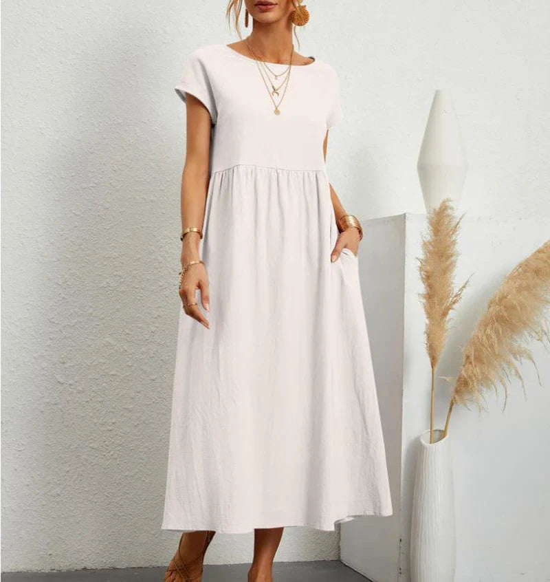 maoxiangshop Women's Elegant Solid Color Dress Summer Short Sleeve O-Neck Vintage Harajuku Cotton Linen Comfortable Loose Pocket Long Dress