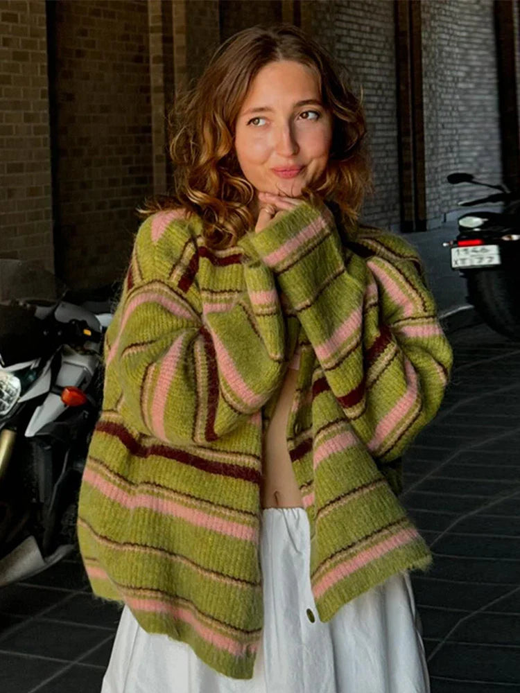 maoxiangshop - Elegant Stripe V Neck Women Sweater Single Breasted Loose Knitted Lady Cardigan 2024 Autumn Elegant Full Sleeve Female Coat