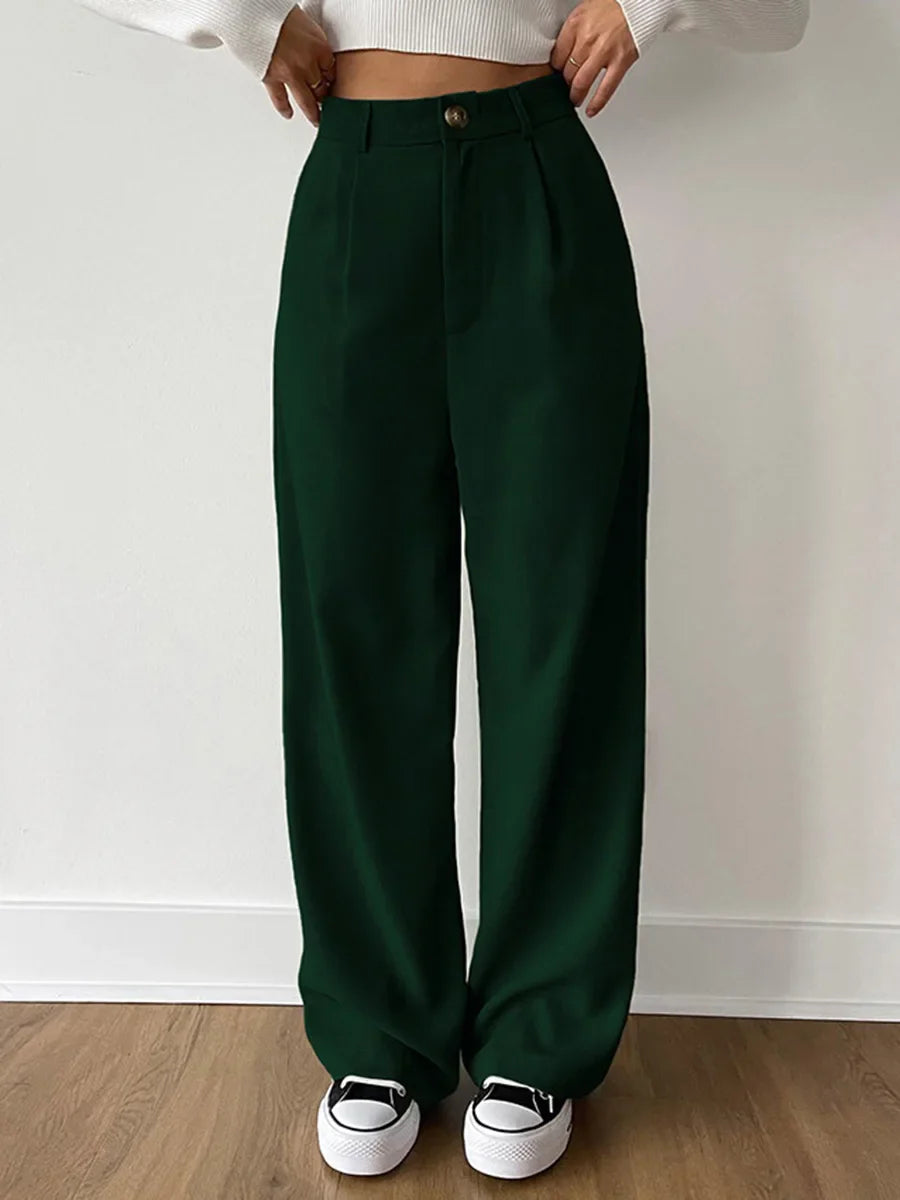 maoxiangshop - Solid Fashion Women Maxi Pants Autumn High Waist Straight Loose Button Female Trousers Streetwear Office Lady Suit Pant New