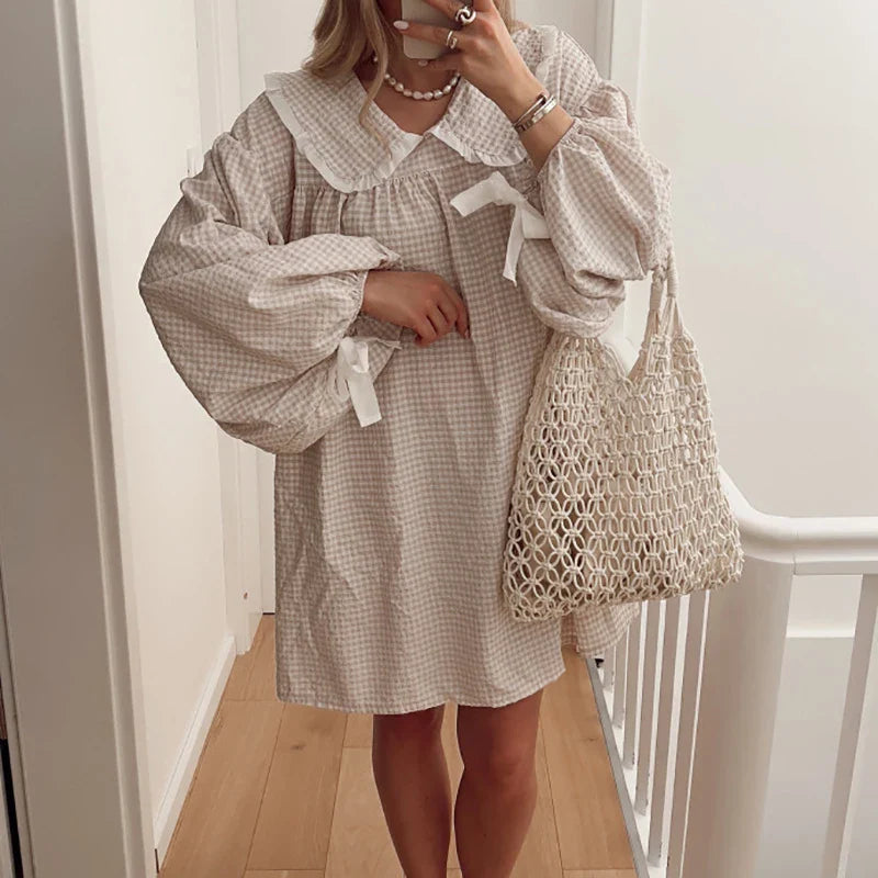 maoxiangshop - Sweet Stitching Plaid Party French Dress 2024 Autumn Long Sleeve Lapel Collar Mini Dress Women Elegant Swing High Street Dress