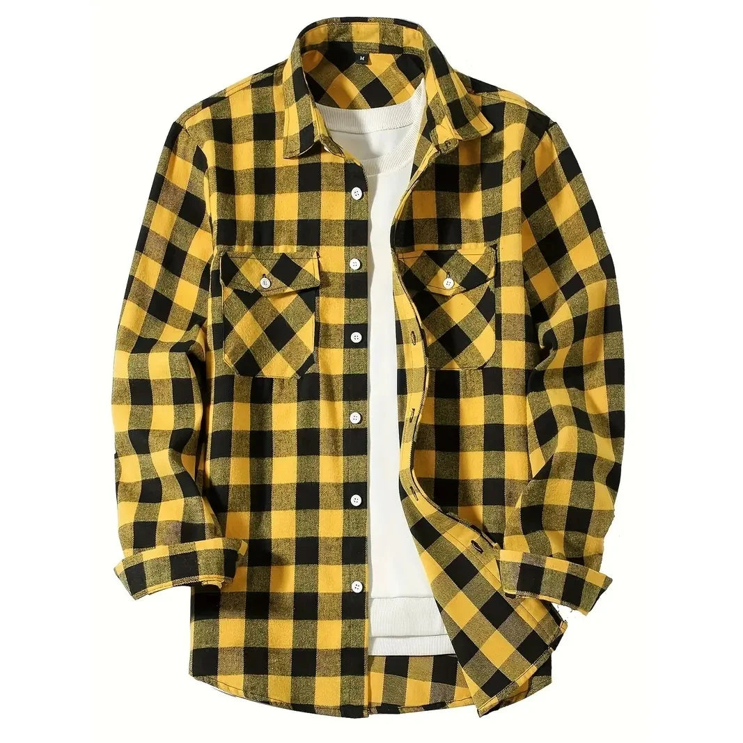 maoxiangshop Men's Shirts Button-Up Classic Plaid Smart Casual Flannel Shirt Long Sleeved Chest Two Pockets Design Spring Autumn Men Tops